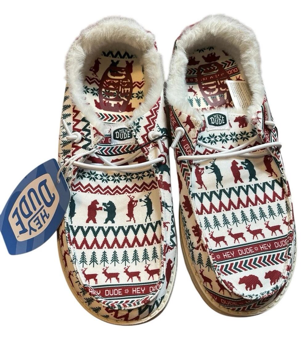 Hey Dude Wendy Holiday Cheers Christmas Womens Size 6 Shoes Loafers Fur Line NEW